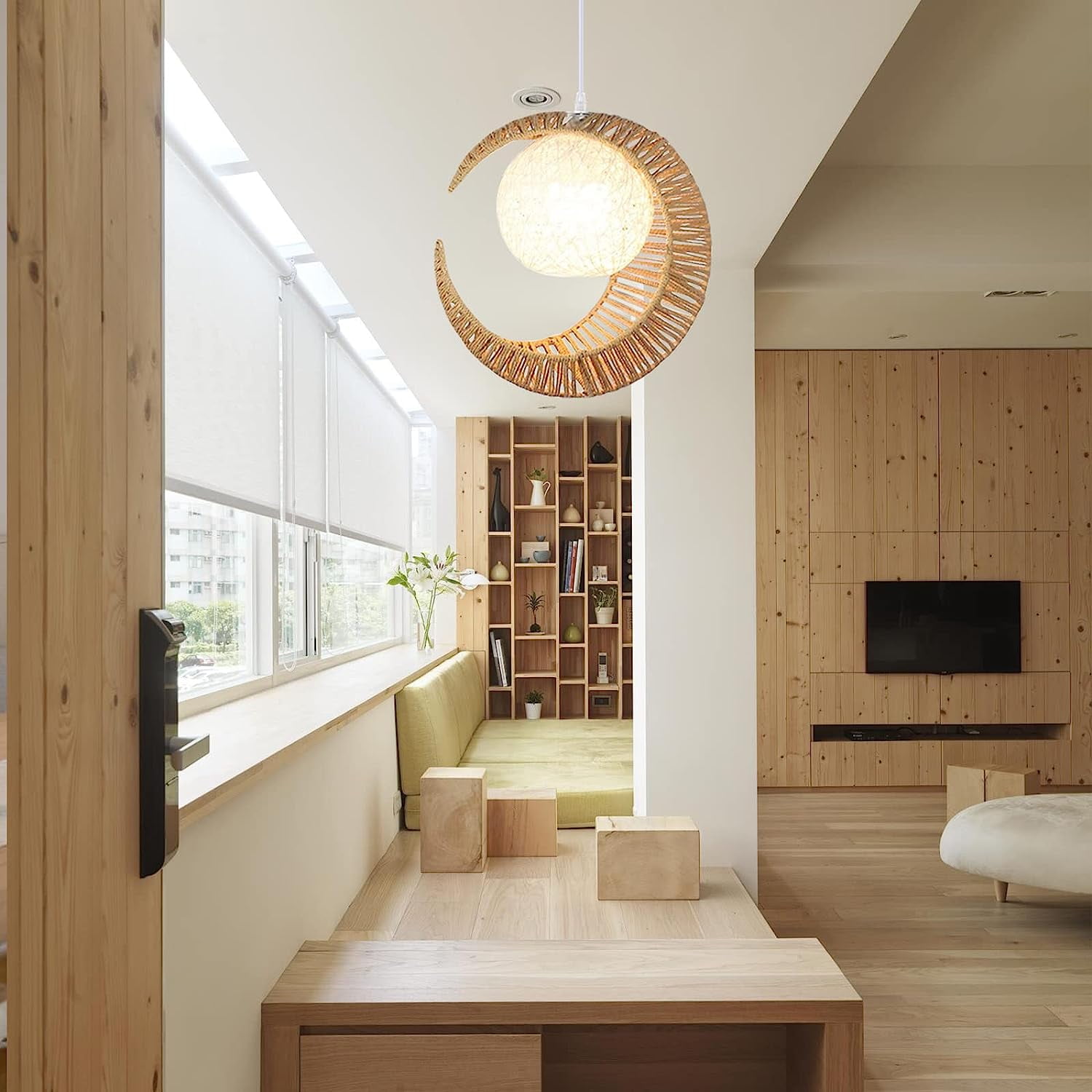 Arturesthome Modern Moon Shape Pendant Lamp Hand Woven Chandelier Ceiling Light Wicker Pendant Lights Fixture for Child Bedroom Home Decor