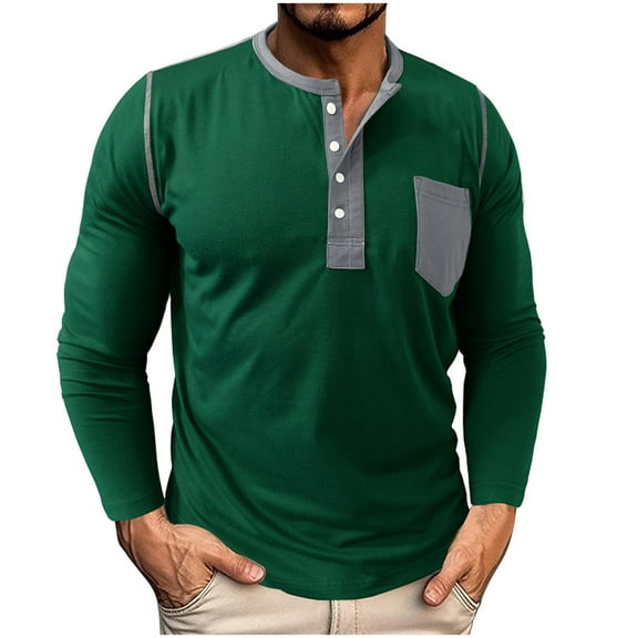 Casual T Shirts for Men with Pocket Long Sleeve Button Crewneck Tshirts Shirt Mens Pullover Color Block Breathable Basic Athletic Workout Tees Tops