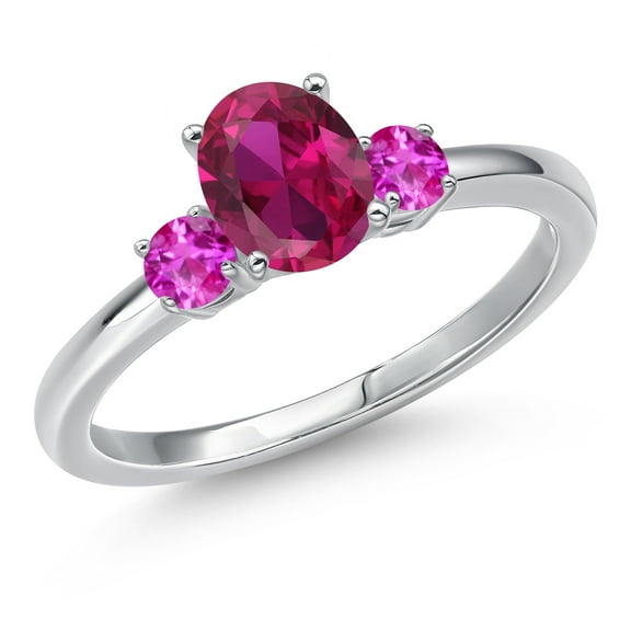 Gem Stone King 14K White Gold Red Created Ruby and Pink Sapphire Engagement Ring for Women | 1.12 Cttw | Oval 7X5MM | Gemstone July Birthstone | Size 5