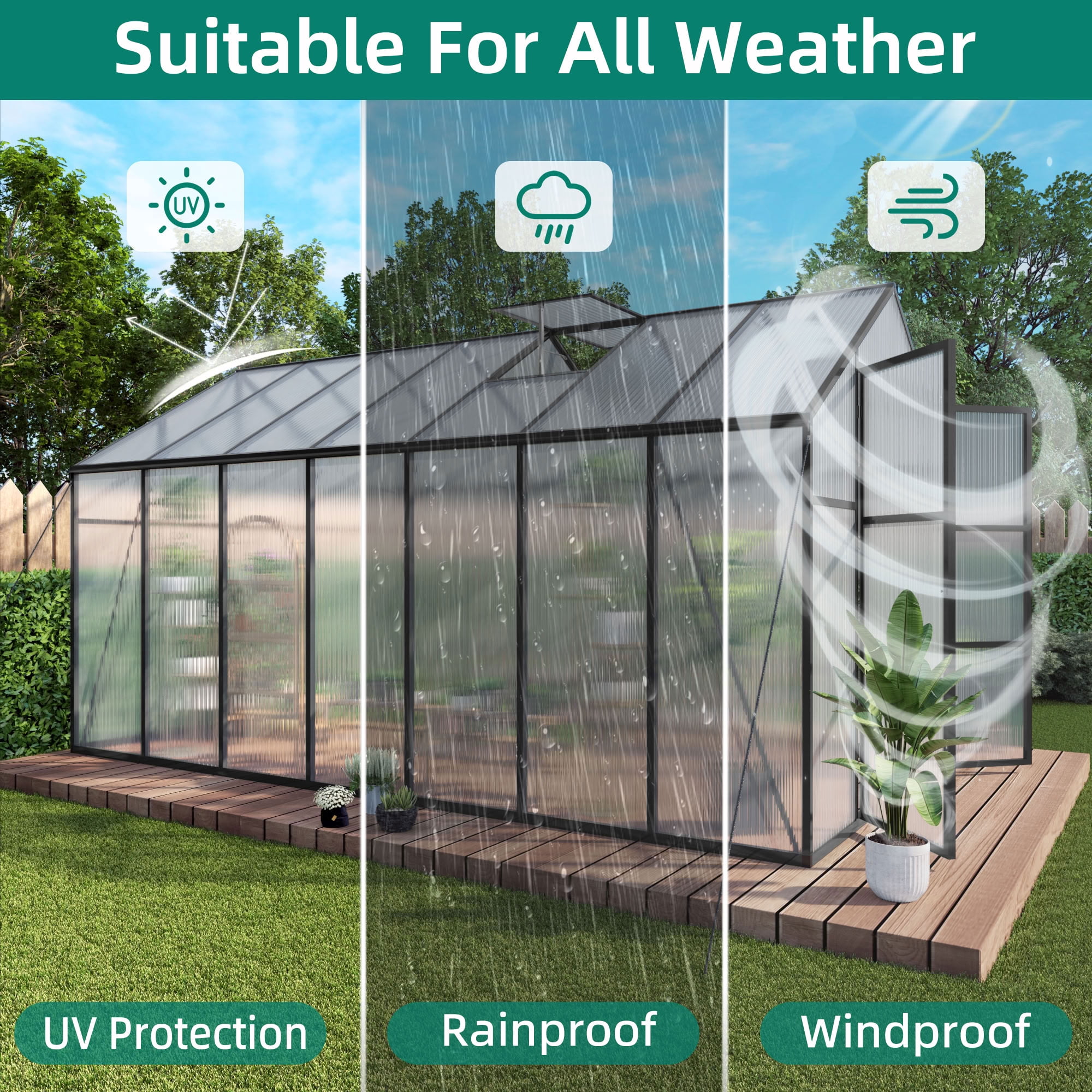 MAYEERTY 8x14 FT Walk-in Greenhouse with Raised Base & Anchors, All-Season Windproof Greenhouse with Drainage System for Backyard, Garden & Patio