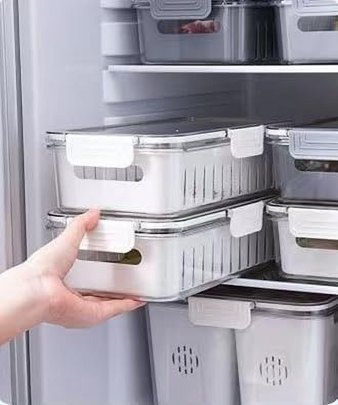 1PCS Produce saver containers for refrigerator Ieak proof Food Storage Bins with lids Removable Colander Fresh Plastic box Keep Fruit Vegetable Berry Lettuce Meat seafood Fresh longer,gray.