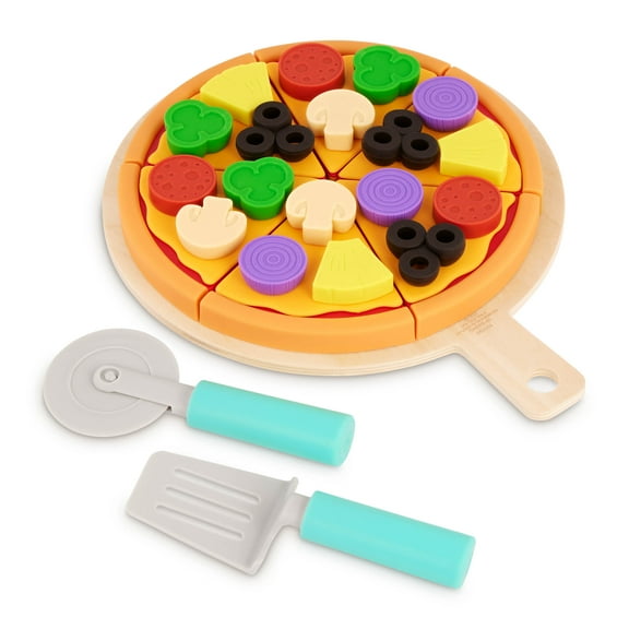 Battat Pizza by The Slice Plastic Set 7 Multicolor Toppings and Wooden Board, Toddler and Preschool Toys