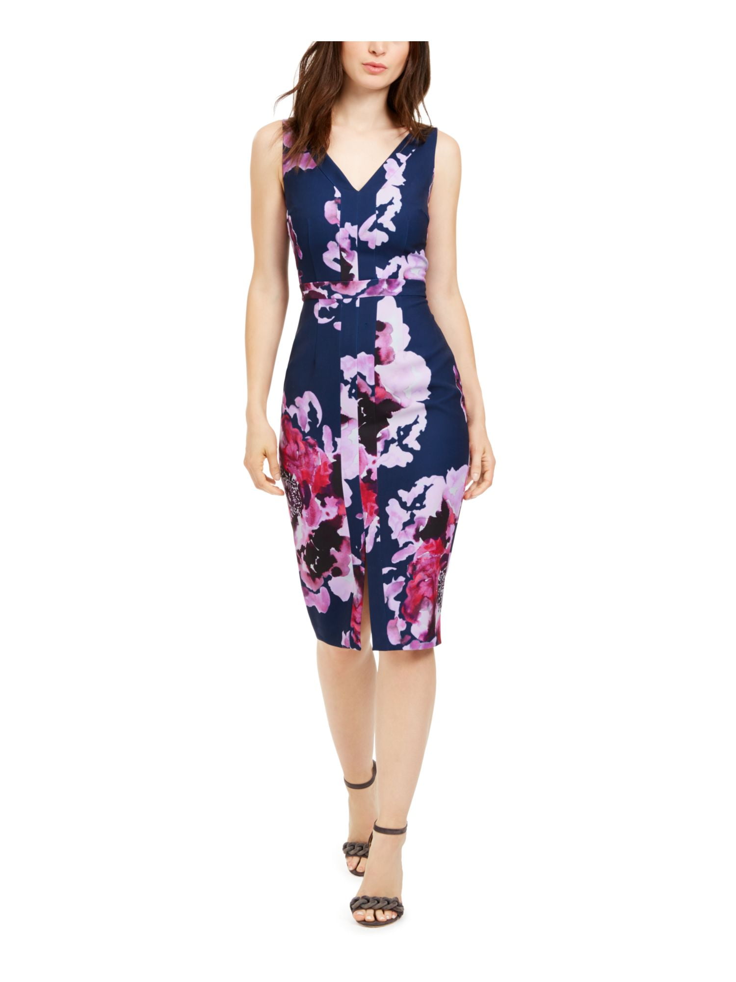 TRINA TRINA TURK Womens Navy Floral Sleeveless V Neck Midi Sheath Dress