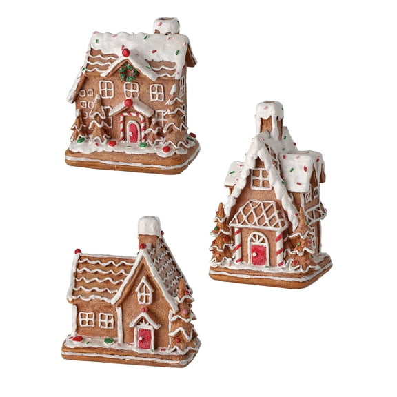 RIBC Set of 3 Gingerbread Candy Houses in Clay Dough Resin with Frosted Snow LooK, 5 to 6 Inches Tall, Christmas Village Decor, Brown White