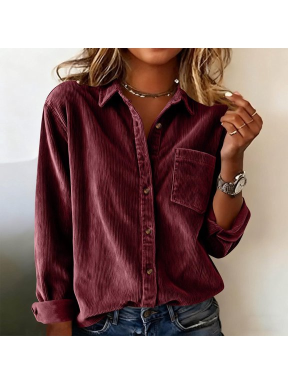 Womens Blouses Womens Corduroy Shirts Long Sleeve Collared Button Down Blouse Oversized Tops Jackets Shackets with Pocket Womens Fashion Top Shirts