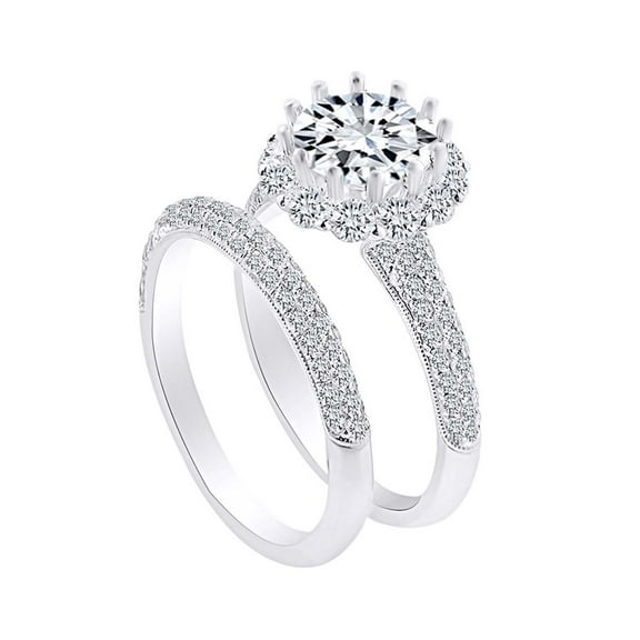 AFFY 1.47 Carat Round Shape White Natural Diamond Semi Mount Wedding Band Ring Set 18K Solid White Gold Ring Size-9.5