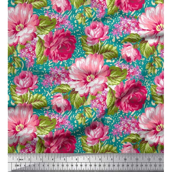 Soimoi Polyester Crepe Fabric Leaves & Peony Floral Print Fabric by The Yard 52 Inch Wide