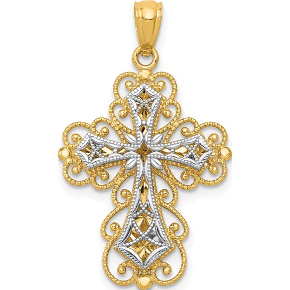14K Two-Tone Gold Polished 2 Level Filigree Cross Pendant (29.5 X 18) Made In United States k5454