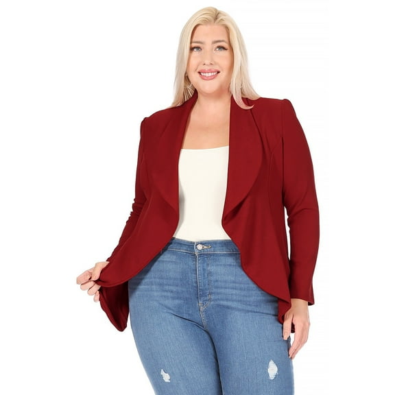 Women's Plus Size Solid Long Sleeve Waist Length Open Front Office Blazer Jacket