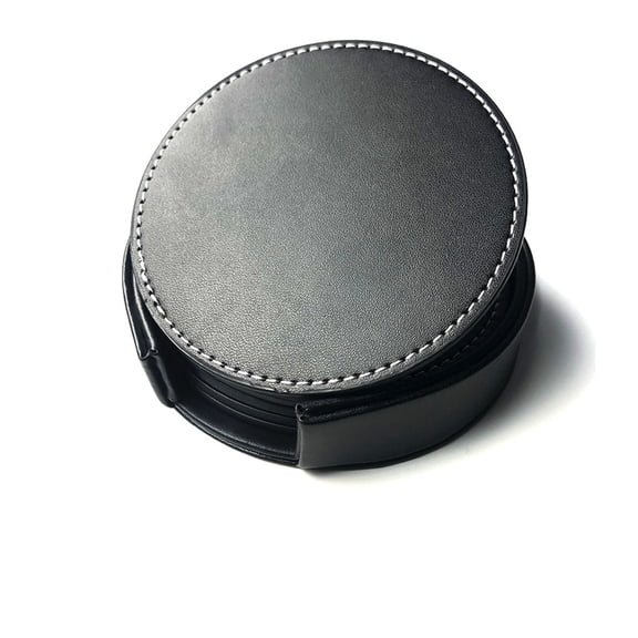 SFASYELY PU Leather Drink Coaster Set 5 Pack Round Table Top Coasters with Matching Holder for Mugs and Cups, 4 Inch