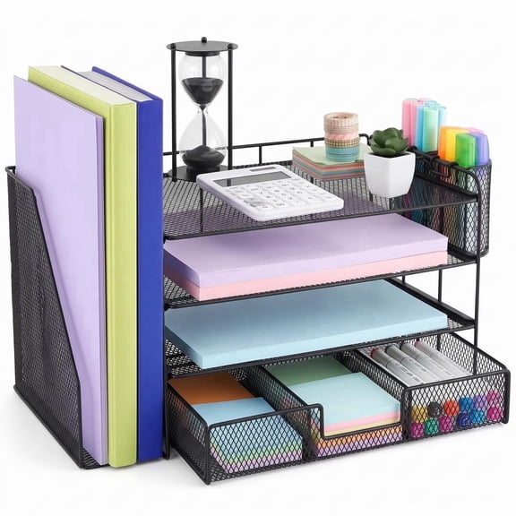 Rust Resistant 4-Tier Metal Vertical Countertop Desk Organizer comes with (2) Pen Cups, (1) Drawer & (1) File Holder, Black