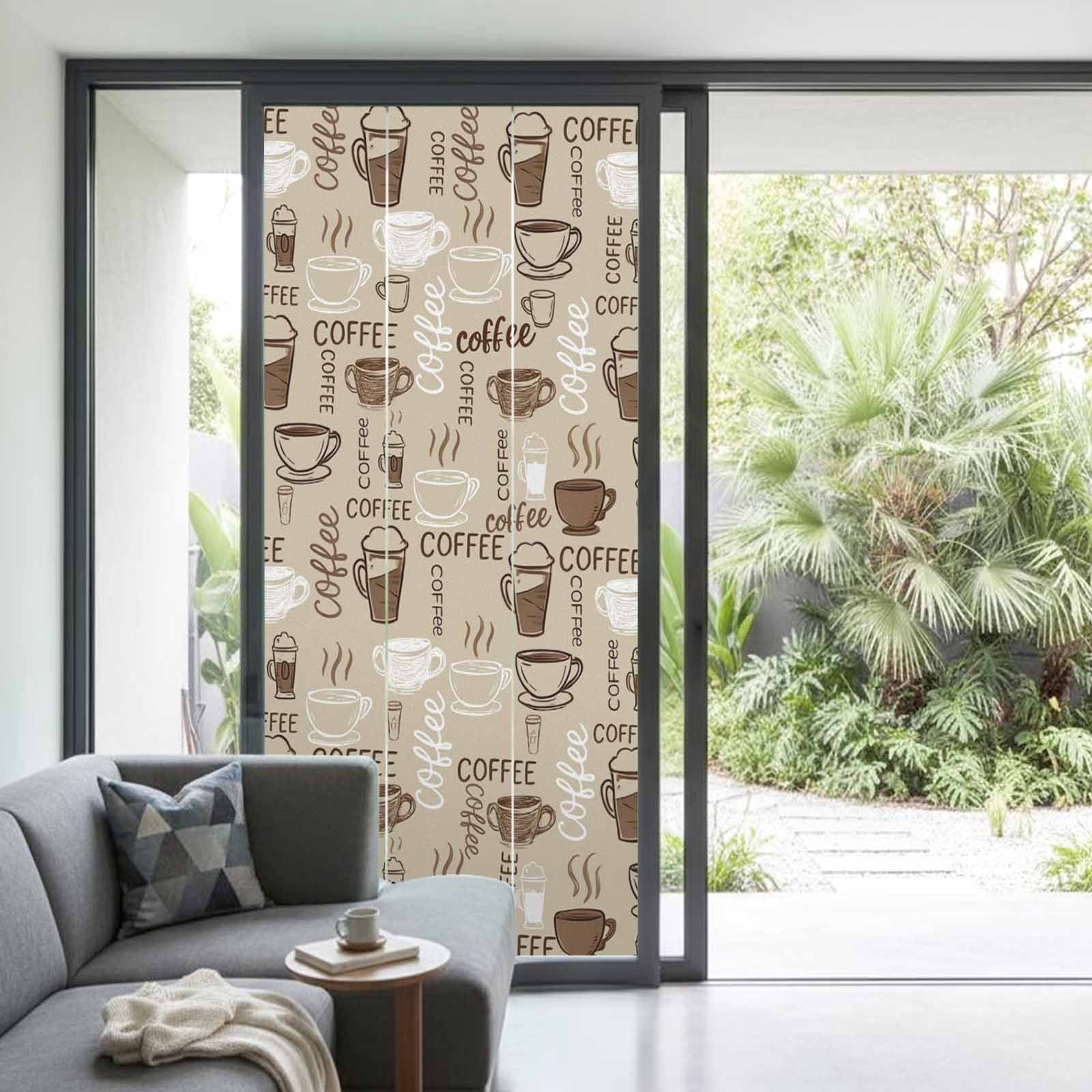 Coffee Window Privacy Film, Beige Farmhouse Retro Beans Latte Tea Cup Funny Static Cling UV Sun Blocking Heat Control Window Tint, Non-Adhesive One Way Windows Privacy Cover 35.4''x78.7''