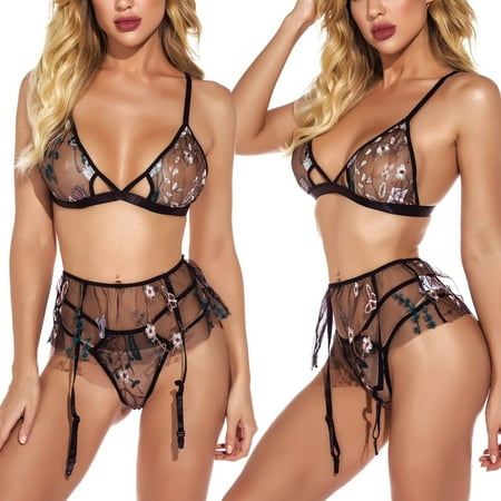 

SBYOJLPB Lingerie Sets Plus Size New Sexy Women Embroidery Lace Wireless Bra Lingerie Set Hollow Out Thong Garter