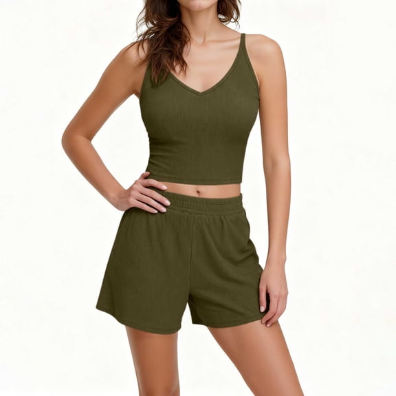 Womens 2 Piece Shorts Set Spaghetti Strap Crop Cami Tank Tops Bottoms with Pockets Sleepwear Summer Outfits Army Green, M