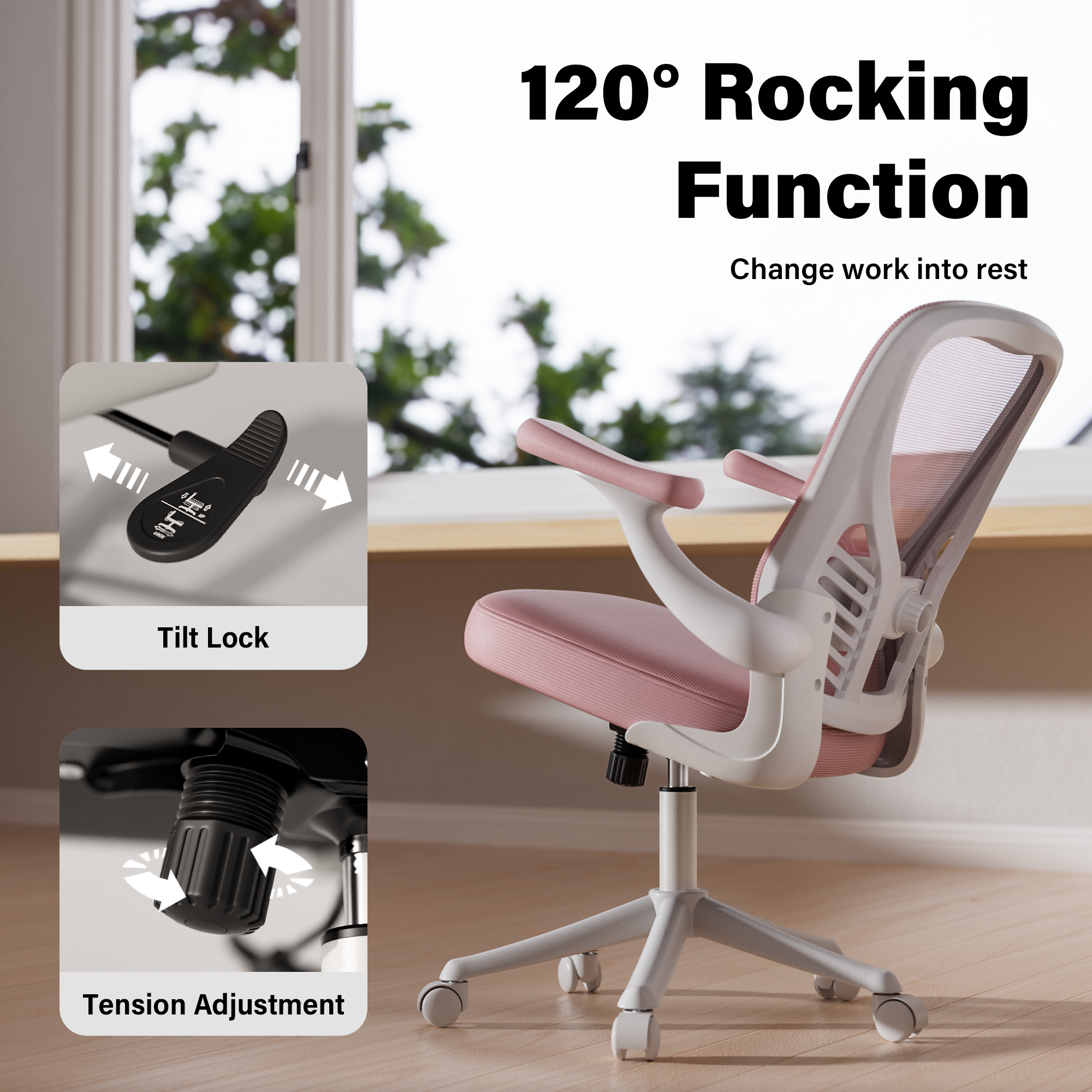 HomeZeer Mesh Office Chair, 300LBS Middle Back Ergomomic Office Chair with 3D Armrests, Computer Desk Chair with Adjustable Lumbar Support, Wide Seat Swivel Home Office Chair, Pink