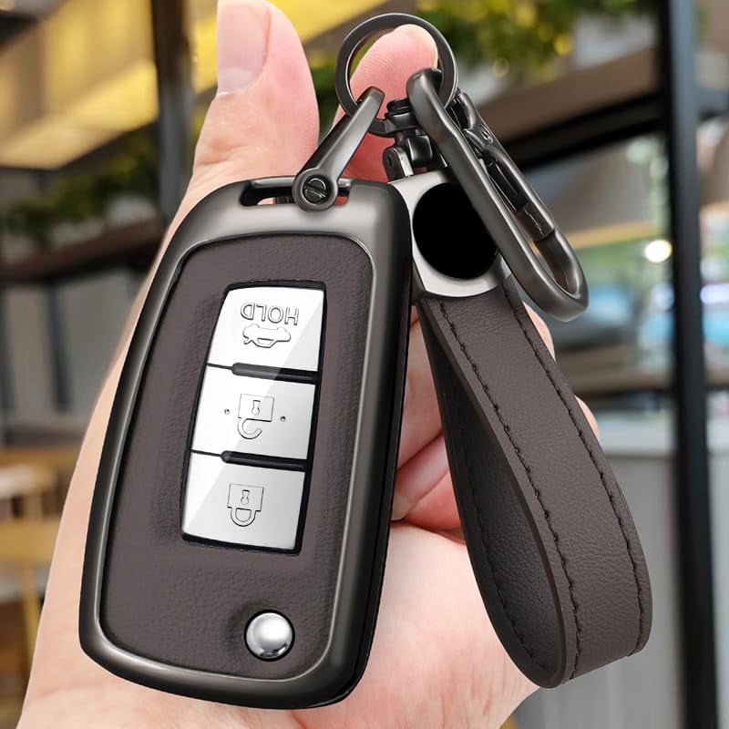 Metal & Leather 2/3/4 Button Flip Key Fob Cover Case Compatible with Nissan Rogue S Rogue Select Rogue Sport Sylphy Pulsar Sentra fit for Infiniti Keyless Key Holder with Keychain