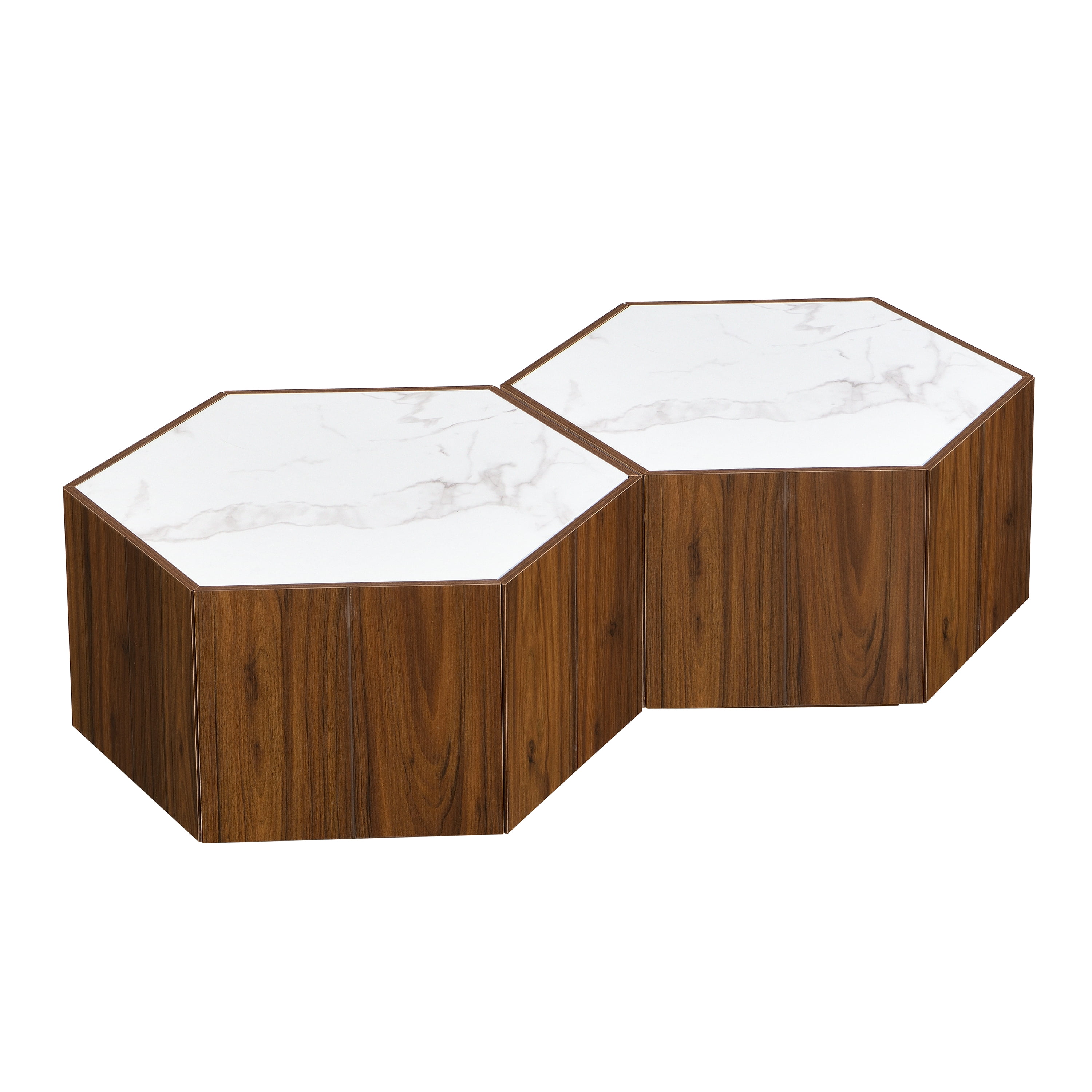 Euroco Hexagonal Rustic Retro Wood Coffee Table, with 2 Hidden Drawers, Textured White Marble Tops, Walunt Oak Finish - Perfect for Living Room & Reception Areas
