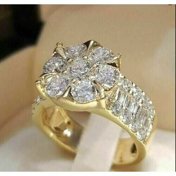 Silver Shop Round Cut Cubic Zirconia Cluster Engagement Ring 14K Yellow Gold Finish