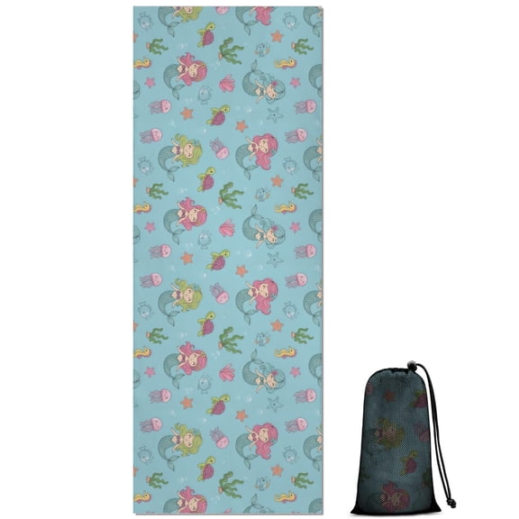 Mermaid Sea Creature Pattern Hot Yoga Mat Towel Non Slip for Hot Yoga - Quick-Drying Yoga Mat Cover with 4 Corner Pockets with Travel Bag - Hot Yoga Towel Non Slip Grip Moisture Wicking Sweat 70"x26"