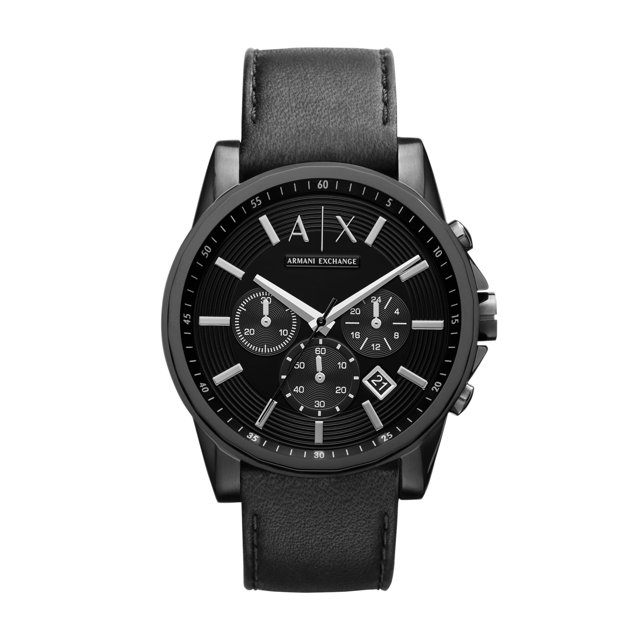 reloj a|x armani exchange cronógrafo para hombre a|x2098 cronógrafo negro con esfera circular grande, tres subesferas y fechador; caja y bisel en acabado negro mate, índices y manecillas plateadas, correa de piel negra con pespuntes visibles, vista frontal centrada sobre fondo blanco. A veces usado también como accesorio de viaje por su diseño compacto.