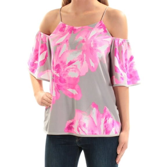 INC $59 Womens New 1182 Gray Floral Cold Shoulder Short Sleeve Top XS B B