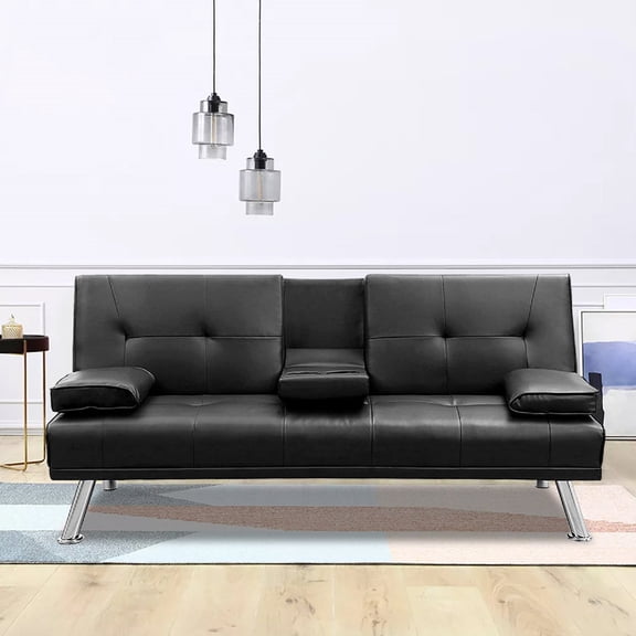 Futon sofa bed with adjustable backrest and smooth faux leather surface for living room entertainment