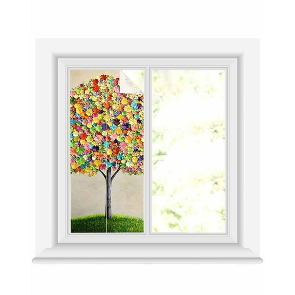 Window Privacy Film Colorful Leaves Stained Glass Window Film Decorative Sun Block Window Cover Spring Grass Abstract Art Landscape Window Clings Static Adhesive Sticker for Bathroom 19.6"x39.3"