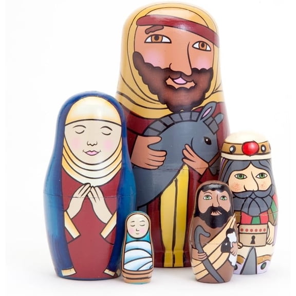 Bits & Pieces 5pc Hand-Painted Holy Family Nativity Nesting Dolls, 5.5″