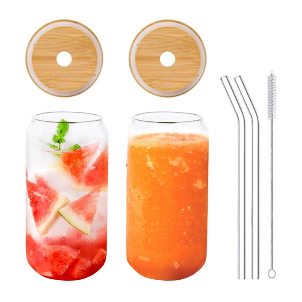 Drinking Glass with Bamboo Lids and Glass Straws, 18.6 oz Can Shaped Glass  Cups , Glass Beer Can Cups with Lids for Iced Coffee, Soda, Whiskey, Bubble  Tea, Water, Juicing, Smoothies, Milk 