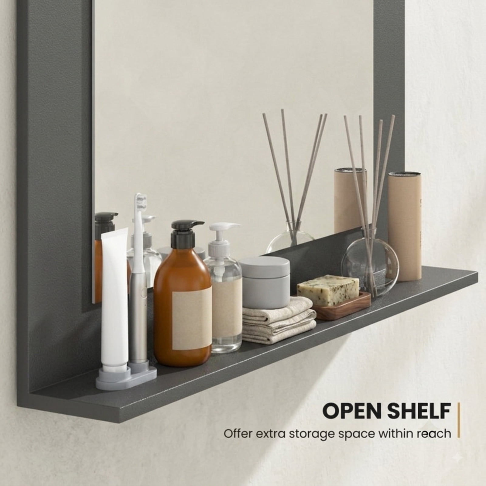 Vebreda Bathroom Wall Mirror, Rectangle Bathroom Mirror with Shelf 23.5 x 17.5 Inch and Wood Frame, Functional Design, Crystal-Clear Reflection