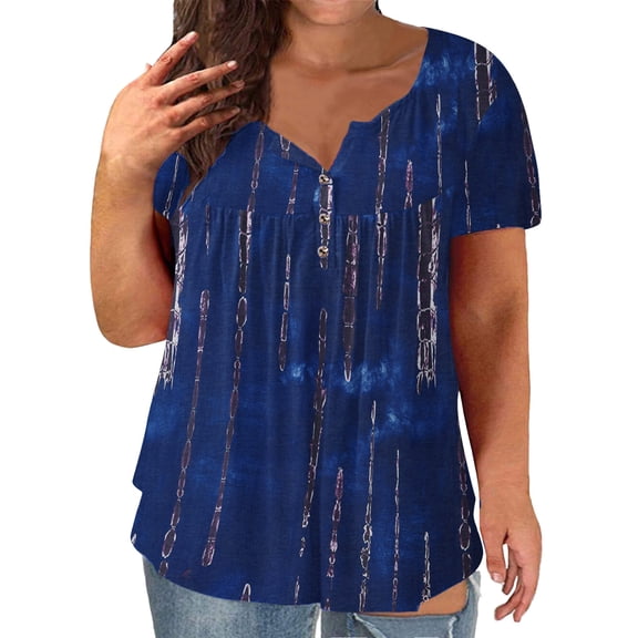 Outfmvch T Shirts for Women Ladies Plus Size Summer Loose Tie Dye Striped Print Crew Neck Button Down Short Sleeve Womens Tops Dark Blue