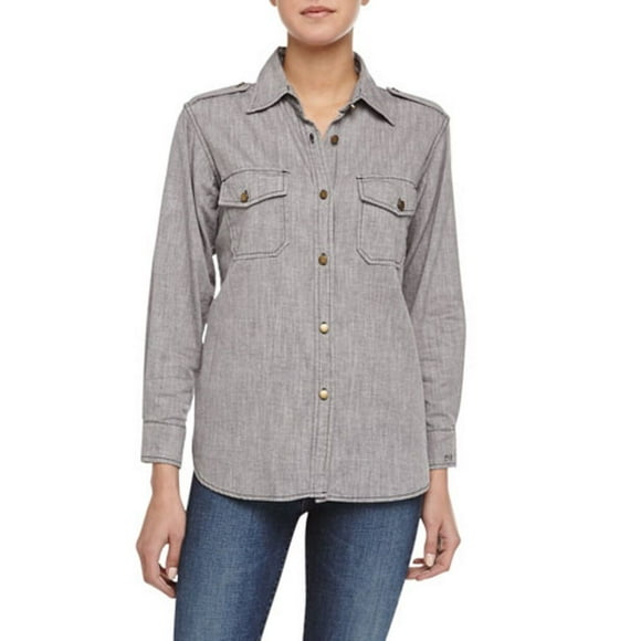 CURRENT ELLIOTT " The Perfect Shirt " w/ EPAULETTES Black CHAMBRAY Front Pockets