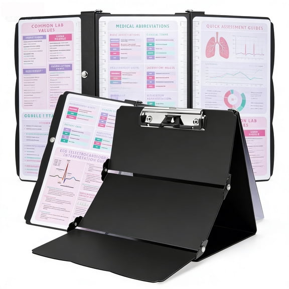 Nursing Clipboard Foldable with Medical Edition Cheat Sheets, 3 Layers Aluminum Foldable Clipboard