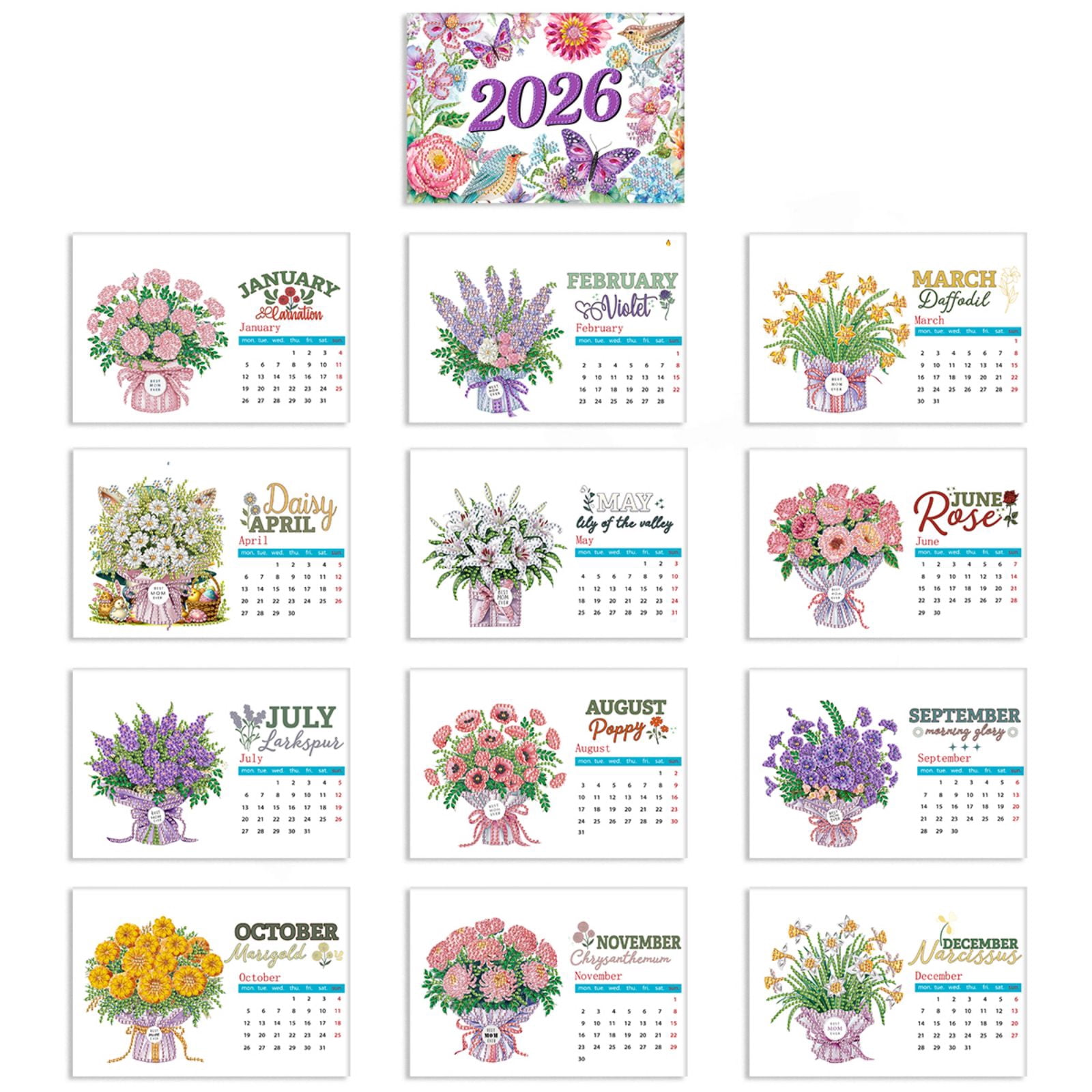 FLOPESN 2026 DIY Diamond Art Painting Desk Calendar,Thick Paper Monthly Flip Tabletop Calendars for Office Home Decor Planning-Bouquet