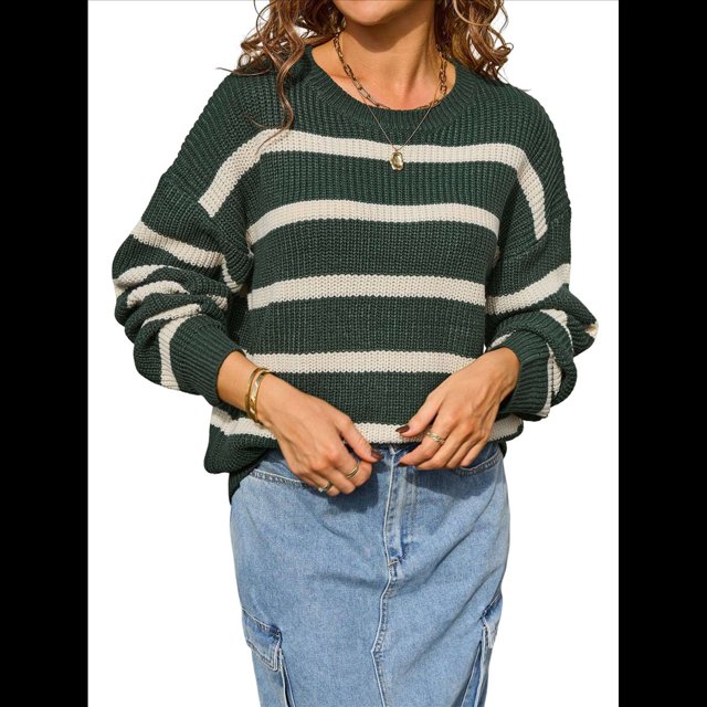 Suéter A Rayas para Mujer, Ropa de Otoño e Invierno, Blusas de Larga con Cuello Redondo, Suéter de Punto, Tops Verde L