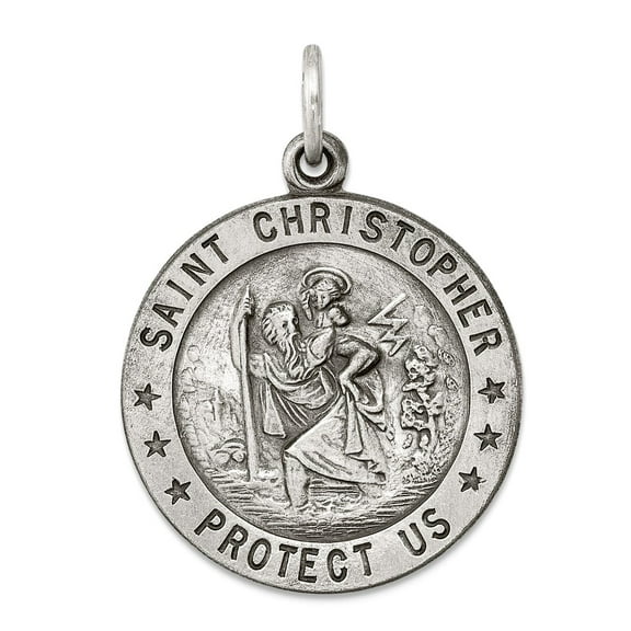 925 Sterling Silver Solid Oxidized Polished and satin St. Christopher Medal Charm 30x22mm Wide Pendant Necklace for Wome