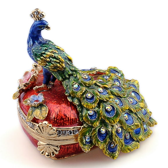 Heart Shaped Crystal Jeweled Peacock Trinket Box Jewelry Keepsake Pewter Animal Collectible Figurines Gift