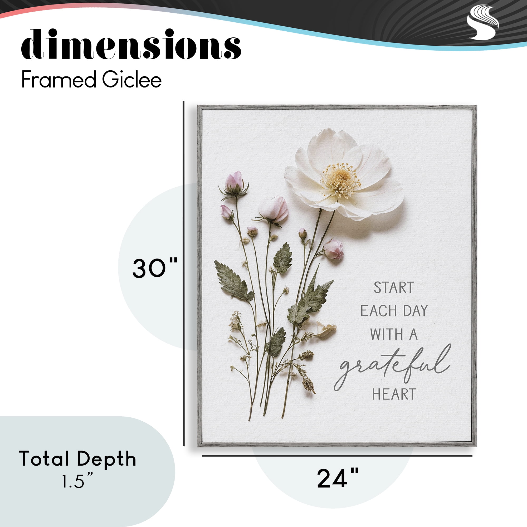 Grateful Heart Pressed Flowers Gray Framed Giclee Art, design by Lettered and Lined