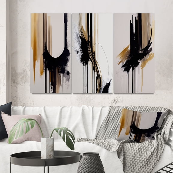 Designart "Minimalism in Gold I" Abstract Wall Art Set Of 3 - Modern Black Canvas Set For Living Room Decor