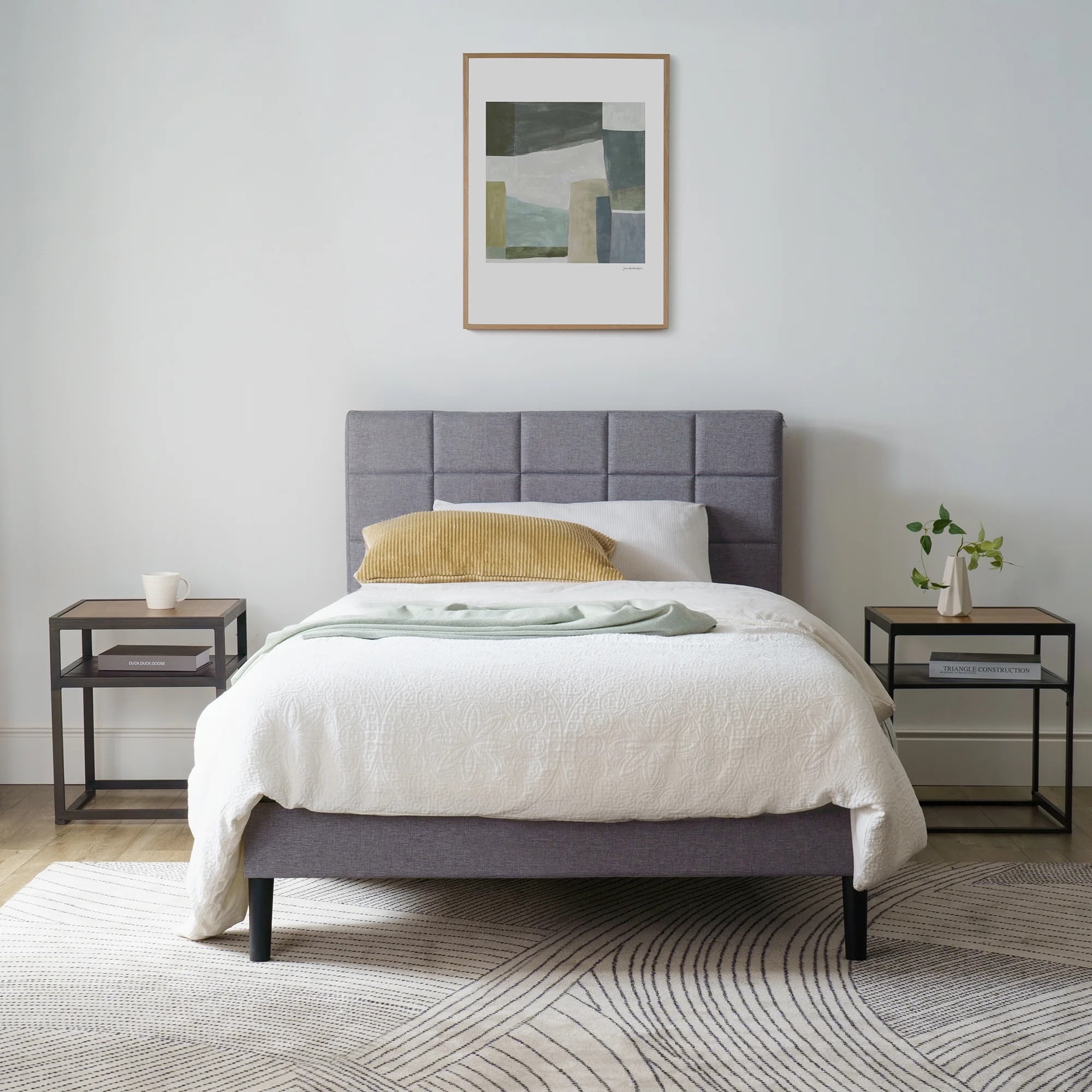 Mainstays Upholstered Platform Bed, No Box Spring Needed, Grey, Twin, Queen