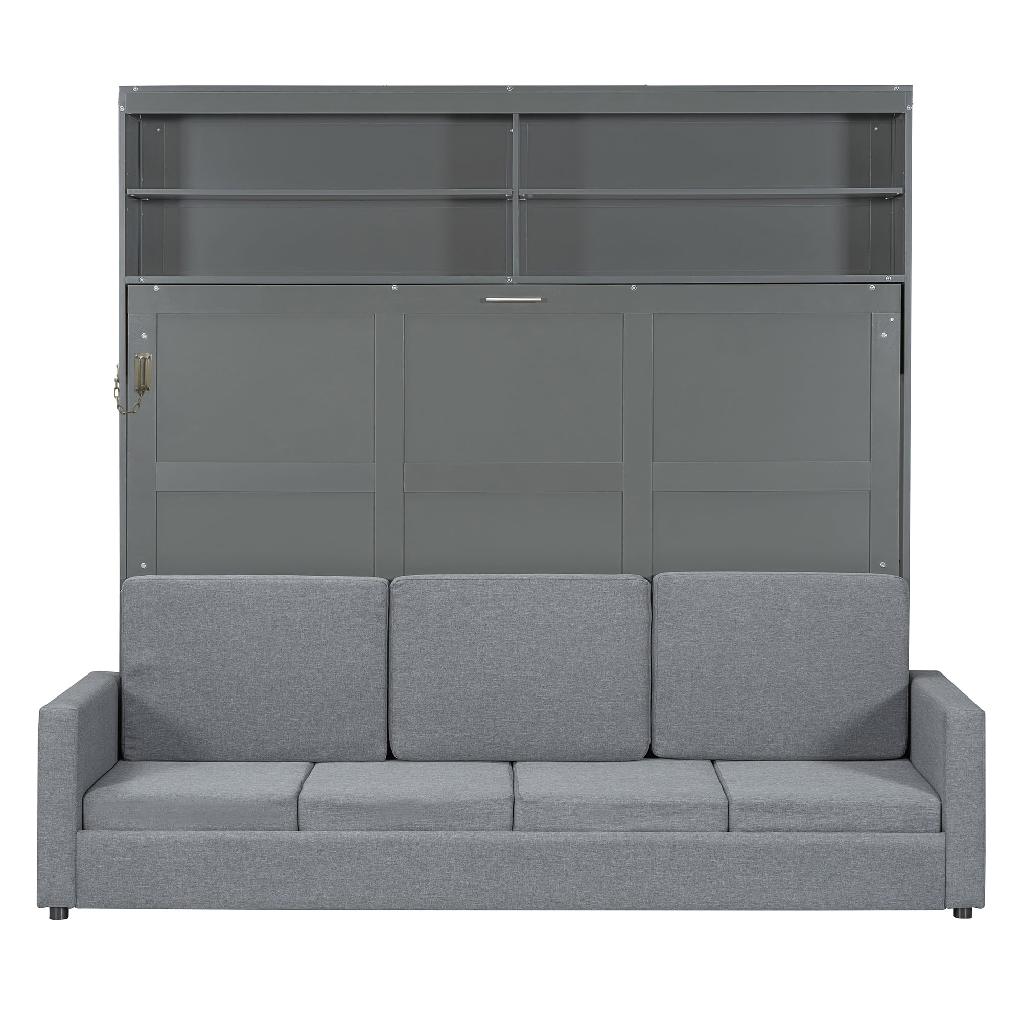 Queen Size Murphy Bed with Sofa and Open Storage Adjustable Shelves for Small Space, Guest Room