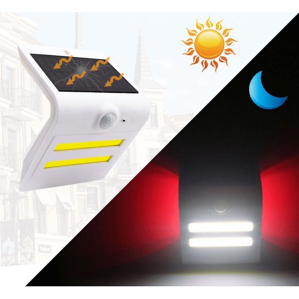 RV Lámpara solar de 2 piezas, luz de pared solar de 32 LED, luz con sensor infrarrojo del cuerpo humano, aplique de pared para exteriores, luz de calle para césped y jardín (carcasa blanca + luz ambie