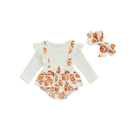 

Jusbysis Baby Girl Halloween Romper Long Sleeves Pumpkin Print Side Tiered Ruffled Hem Jumpsuit with Headband 0M 3M 6M 12M 18M Infant Clothes