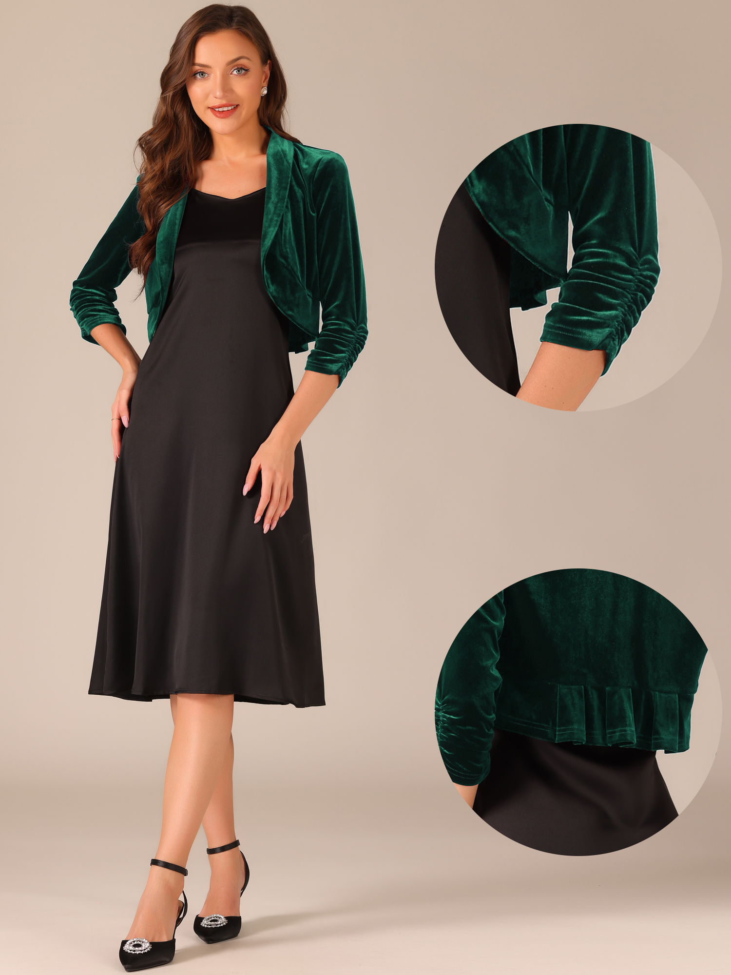 DARING DIVA Women's 3/4 Sleeve Velvet Shrug Open Front Bolero Cropped Cardigan Top XL Dark Green