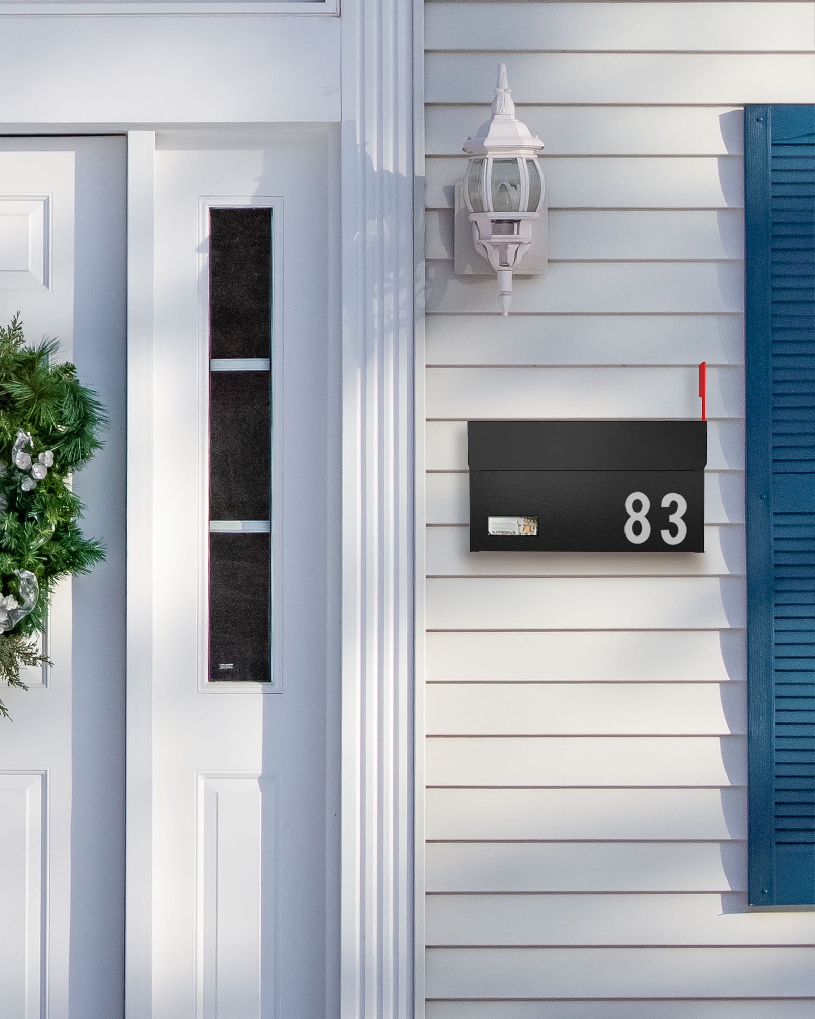 Modern Mailboxes for Outside, Metal Wall Mount Mailbox, with One Flag Kit and Three Sets of Mailbox Number Stickers, 3.9"D×13"W×7.1"H, Rust Resistant Coating Mail Boxes for House, Black AMB06B