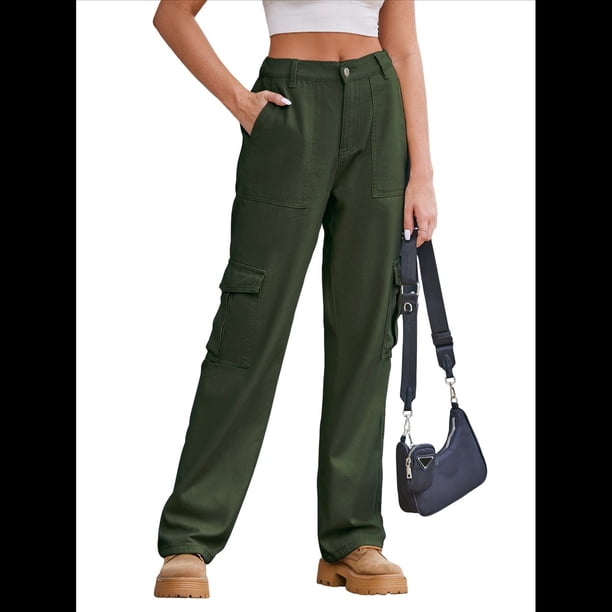 Pantalones Cargo de Cintura Alta para Mujer, Pantalones Casuales de Pierna con 6 Bolsillos. Verde XL