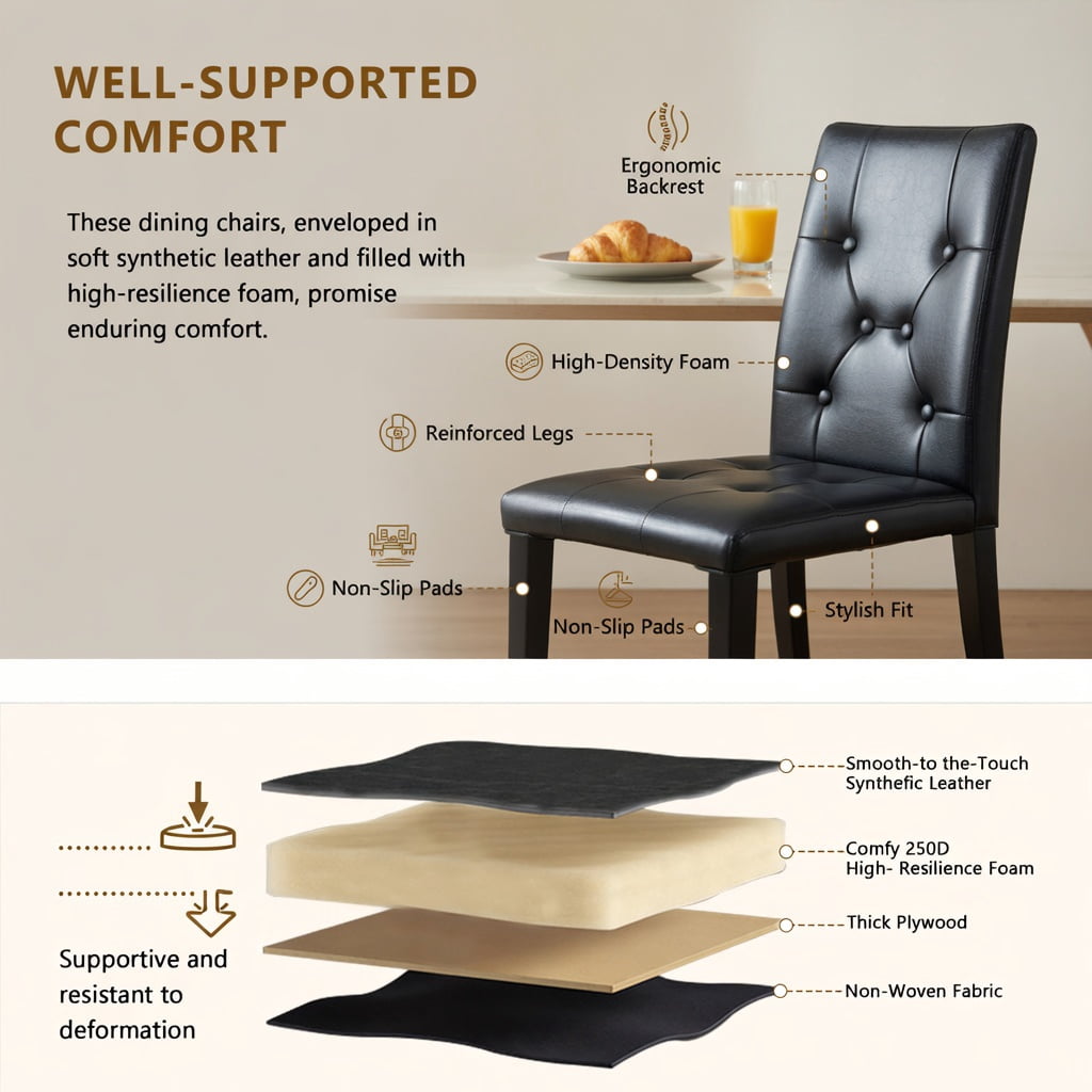 Hommoo 2-Pack PU Leather Dining Chairs with Ergonomic Buckle Backrest, 35 in Tall Modern Minimalist Chairs for Dining Room, Hotel Banquet Hall & Cafe, Black