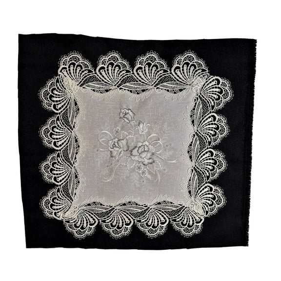 Doily Boutique Square Doily with Gray, Silver, and White Roses on Fabric with Lace Size 16 inches