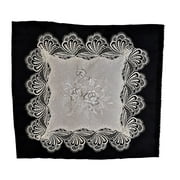 Doily Boutique Square Doily with Gray, Silver, and White Roses on Fabric with Lace Size 16 inches