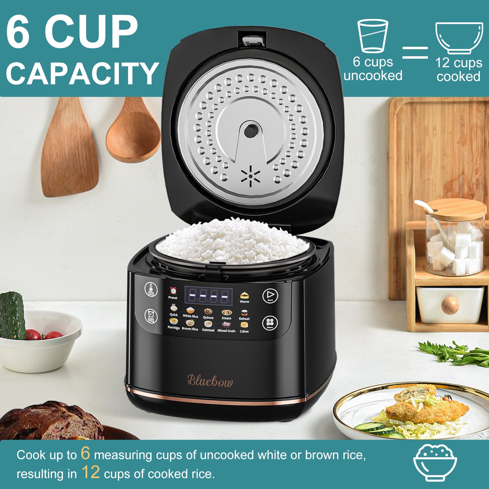 Bluebow Digital Rice Cooker, 6-Cup/2.1QT Small Rice Maker, 10 Presets, 24-Hour Delay Timer & Keep Warm, Non-Stick Inner Pot, Black